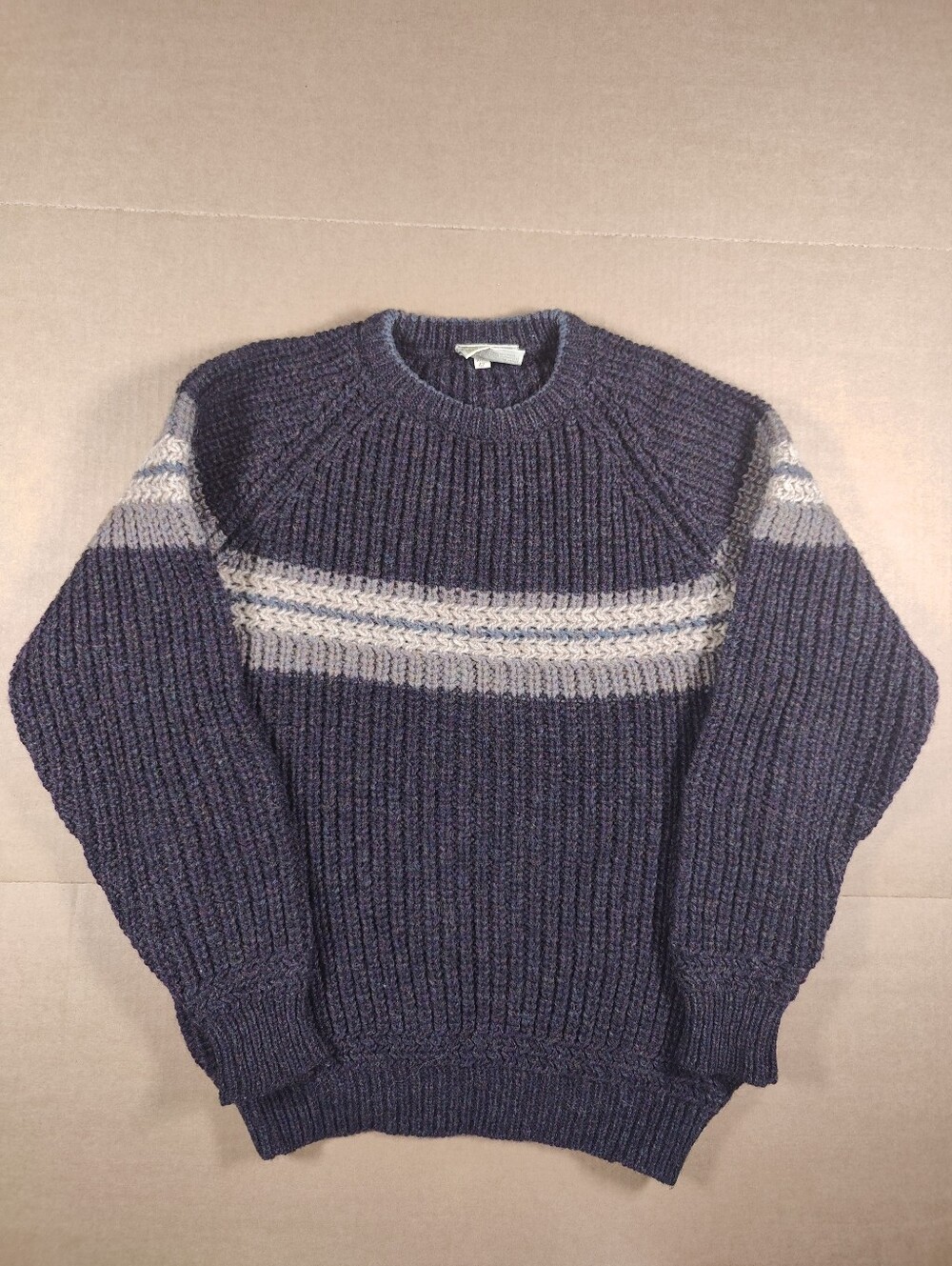 Gaelterra 100% Wool Brown Beige Stripe Chunky Knit Sweater Sz 42 Made In Ireland